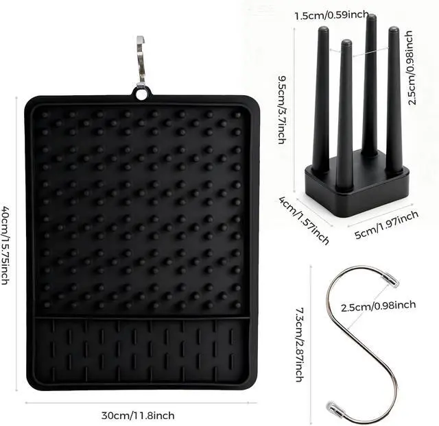 Alt view image 2 of 7 - 15.75"x11.18" Silicone Dish Drying Mat for Kitchen Counter, Quick Dry Dish Mat with Dish Rack and Dual-Sided Independent Zones, Multiple Usage Kitchen Mat with Hanging Hook for Home (Black)