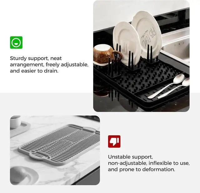 Alt view image 4 of 7 - 15.75"x11.18" Silicone Dish Drying Mat for Kitchen Counter, Quick Dry Dish Mat with Dish Rack and Dual-Sided Independent Zones, Multiple Usage Kitchen Mat with Hanging Hook for Home (Black)