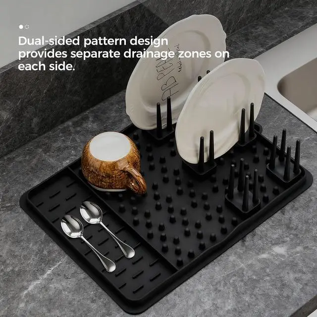 Alt view image 5 of 7 - 15.75"x11.18" Silicone Dish Drying Mat for Kitchen Counter, Quick Dry Dish Mat with Dish Rack and Dual-Sided Independent Zones, Multiple Usage Kitchen Mat with Hanging Hook for Home (Black)