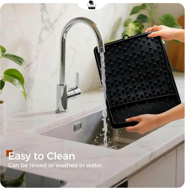 Alt view image 6 of 7 - 15.75"x11.18" Silicone Dish Drying Mat for Kitchen Counter, Quick Dry Dish Mat with Dish Rack and Dual-Sided Independent Zones, Multiple Usage Kitchen Mat with Hanging Hook for Home (Black)