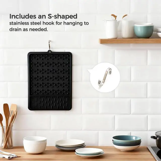Alt view image 7 of 7 - 15.75"x11.18" Silicone Dish Drying Mat for Kitchen Counter, Quick Dry Dish Mat with Dish Rack and Dual-Sided Independent Zones, Multiple Usage Kitchen Mat with Hanging Hook for Home (Black)