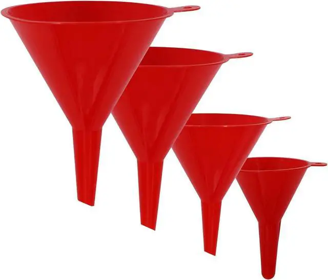 Main image of KongNai 4 Pieces Plastic Funnel Set for Kitchen and Automotive Use, Mini, Small, Medium and Large Funnel for Filling Bottles, Canning, Cooking, Lab or Car Oil Funnels (Red)