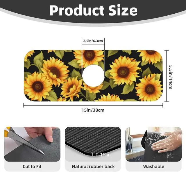 Alt view image 3 of 7 - Kitchen Faucet Mat 15 x 5.5 Inch Sunflowers Faucet Draining Mat Farmhouse Absorbent Drying Mat Sink Splash Guard Behind Faucet Drip Catcher for Kitchen Bathroom