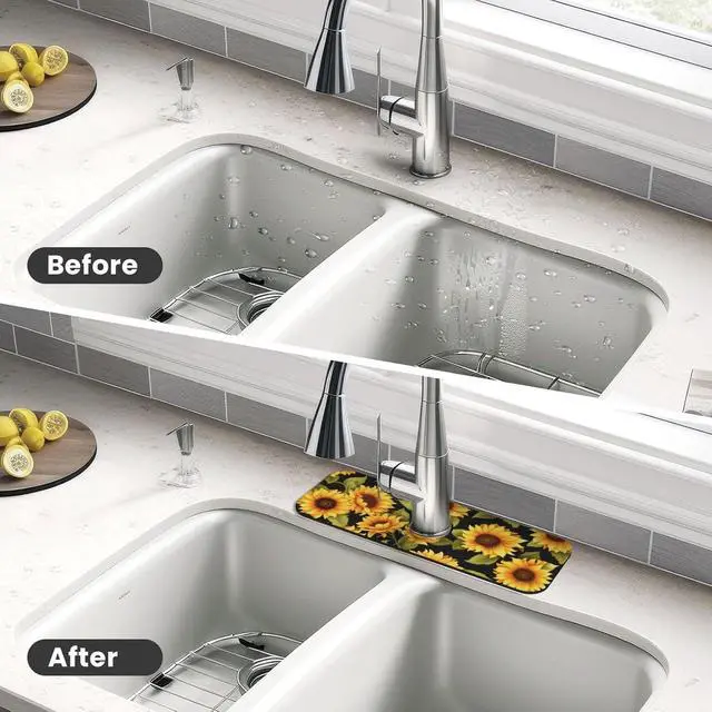 Alt view image 6 of 7 - Kitchen Faucet Mat 15 x 5.5 Inch Sunflowers Faucet Draining Mat Farmhouse Absorbent Drying Mat Sink Splash Guard Behind Faucet Drip Catcher for Kitchen Bathroom