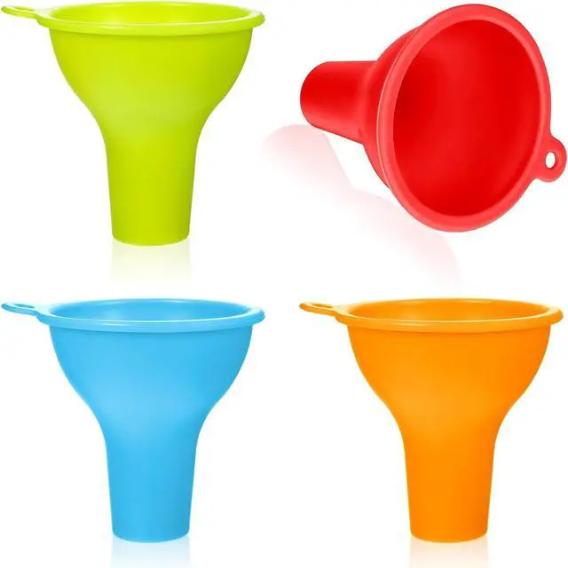 Main image of Silicone Funnels, 4 Pieces Wide Mouth Funnel Flexible Condiment Sauce Canning Set Flexible Kitchen Funnel for Home Restaurant Squeeze Bottles Jars Cans, Spice Filling Bottles Liquid Oil, 3 x 1 Inch
