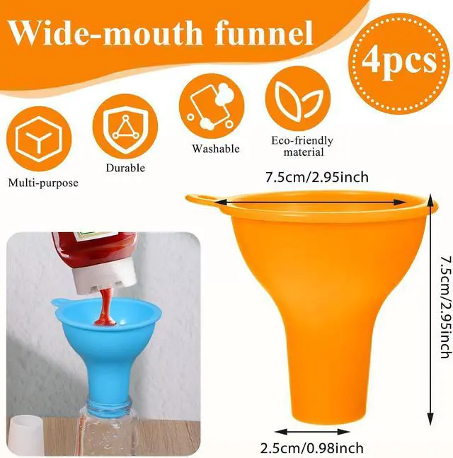 Alt view image 2 of 7 - Silicone Funnels, 4 Pieces Wide Mouth Funnel Flexible Condiment Sauce Canning Set Flexible Kitchen Funnel for Home Restaurant Squeeze Bottles Jars Cans, Spice Filling Bottles Liquid Oil, 3 x 1 Inch