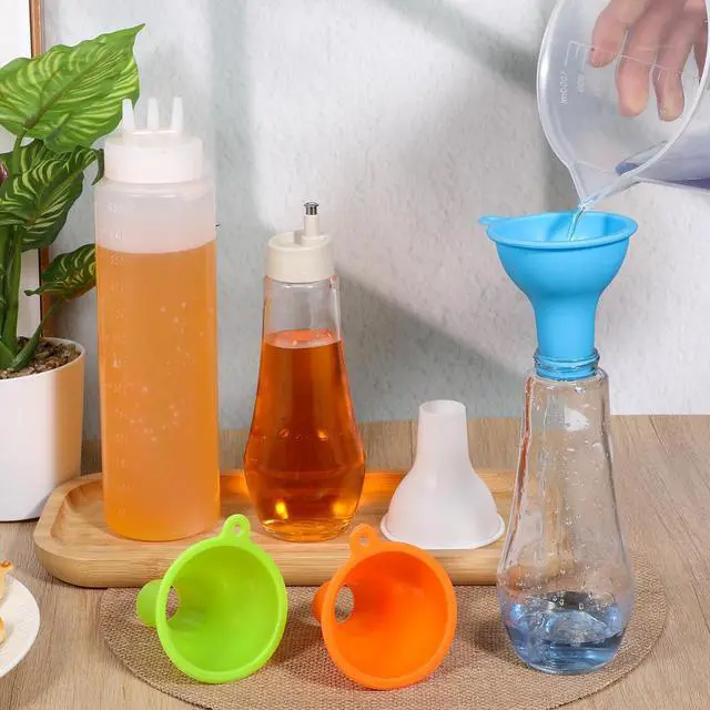 Alt view image 4 of 7 - Silicone Funnels, 4 Pieces Wide Mouth Funnel Flexible Condiment Sauce Canning Set Flexible Kitchen Funnel for Home Restaurant Squeeze Bottles Jars Cans, Spice Filling Bottles Liquid Oil, 3 x 1 Inch