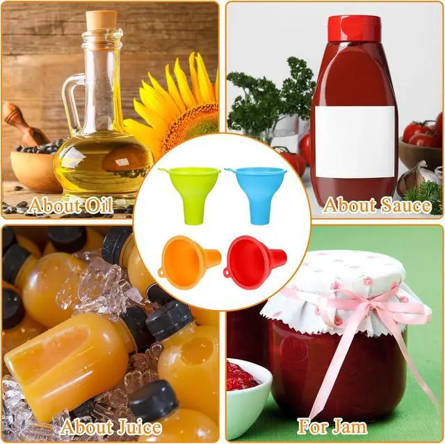 Alt view image 7 of 7 - Silicone Funnels, 4 Pieces Wide Mouth Funnel Flexible Condiment Sauce Canning Set Flexible Kitchen Funnel for Home Restaurant Squeeze Bottles Jars Cans, Spice Filling Bottles Liquid Oil, 3 x 1 Inch
