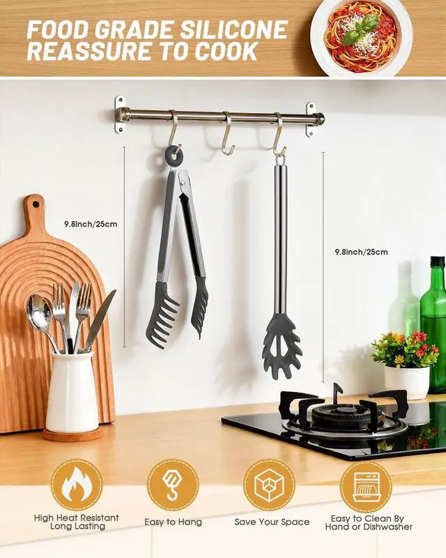 Alt view image 2 of 7 - Spaghetti Spoon and Pasta Tong with Teeth and Drain Holes, 2-Piece Non-Stick Silicone Spoon Server Fork with Stainless Steel Handle, Kitchen Tong for Cooking, Serving, Salad and Noodles, Grey