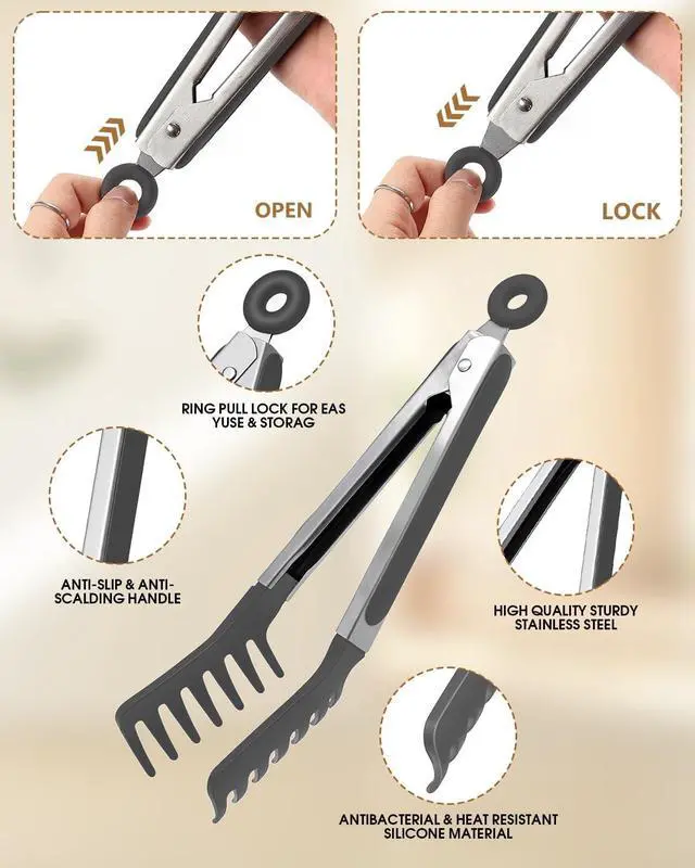 Alt view image 4 of 7 - Spaghetti Spoon and Pasta Tong with Teeth and Drain Holes, 2-Piece Non-Stick Silicone Spoon Server Fork with Stainless Steel Handle, Kitchen Tong for Cooking, Serving, Salad and Noodles, Grey