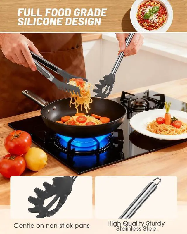 Alt view image 3 of 7 - Spaghetti Spoon and Pasta Tong with Teeth and Drain Holes, 2-Piece Non-Stick Silicone Spoon Server Fork with Stainless Steel Handle, Kitchen Tong for Cooking, Serving, Salad and Noodles, Grey