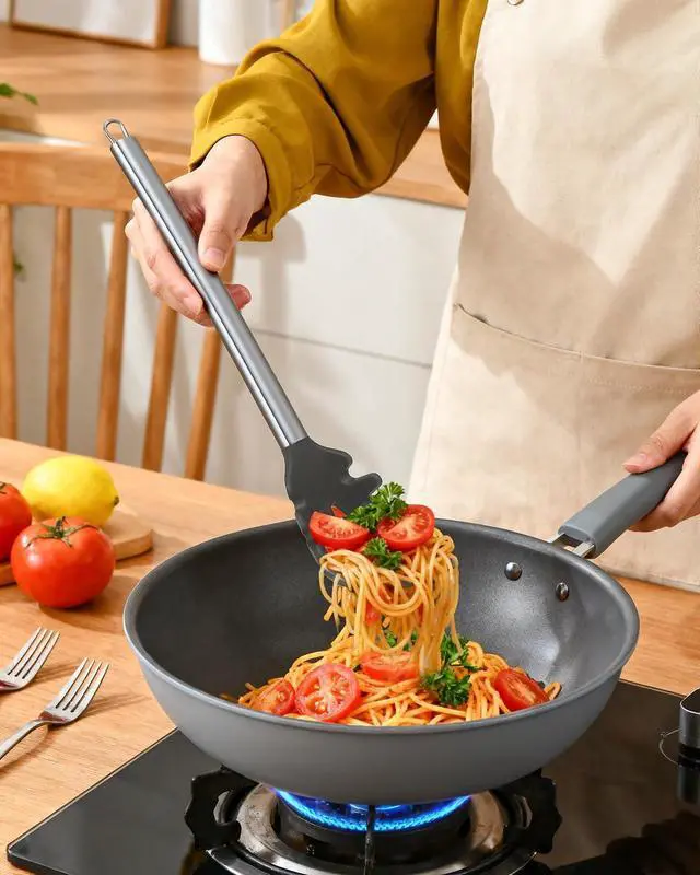 Alt view image 7 of 7 - Spaghetti Spoon and Pasta Tong with Teeth and Drain Holes, 2-Piece Non-Stick Silicone Spoon Server Fork with Stainless Steel Handle, Kitchen Tong for Cooking, Serving, Salad and Noodles, Grey