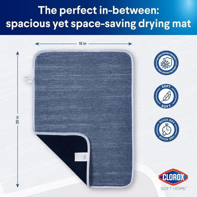 Alt view image 2 of 7 - Clorox Heathered Drying Mat - 100% Polyester Ultra Absorbent Microfiber, For Drying and Draining Dishes at Kitchen Sink, Perfect for Everyday Use - 15" x 20" - Navy
