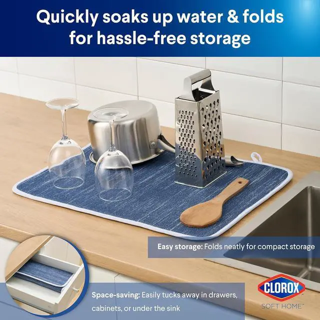 Alt view image 5 of 7 - Clorox Heathered Drying Mat - 100% Polyester Ultra Absorbent Microfiber, For Drying and Draining Dishes at Kitchen Sink, Perfect for Everyday Use - 15" x 20" - Navy