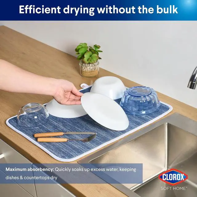 Alt view image 7 of 7 - Clorox Heathered Drying Mat - 100% Polyester Ultra Absorbent Microfiber, For Drying and Draining Dishes at Kitchen Sink, Perfect for Everyday Use - 15" x 20" - Navy