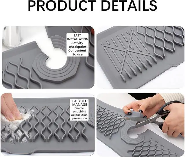 Alt view image 4 of 7 - 24 Inch Faucet Mat for Kitchen Sink Silicone Sink Splash Guard 5° Slope Faucet Draining Mat Dish Soap Sponge Holder Around Faucet Bathroom Gadgets Sink Accessories Drying Mats Organizer, Black