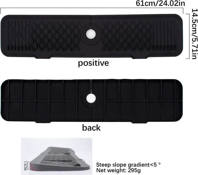Alt view image 6 of 7 - 24 Inch Faucet Mat for Kitchen Sink Silicone Sink Splash Guard 5° Slope Faucet Draining Mat Dish Soap Sponge Holder Around Faucet Bathroom Gadgets Sink Accessories Drying Mats Organizer, Black