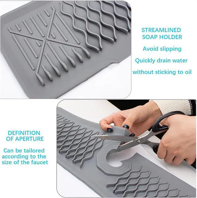Alt view image 7 of 7 - 24 Inch Faucet Mat for Kitchen Sink Silicone Sink Splash Guard 5° Slope Faucet Draining Mat Dish Soap Sponge Holder Around Faucet Bathroom Gadgets Sink Accessories Drying Mats Organizer, Black