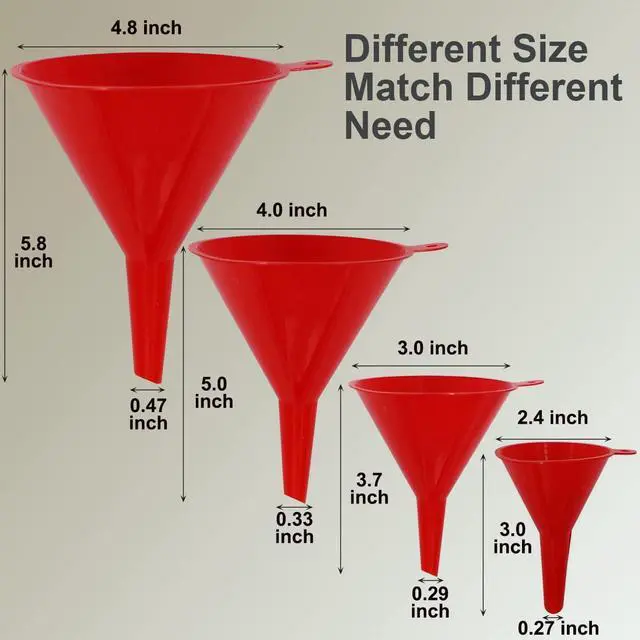 Alt view image 3 of 5 - KongNai 4 Pieces Plastic Funnel Set for Kitchen and Automotive Use, Mini, Small, Medium and Large Funnel for Filling Bottles, Canning, Cooking, Lab or Car Oil Funnels (Red)