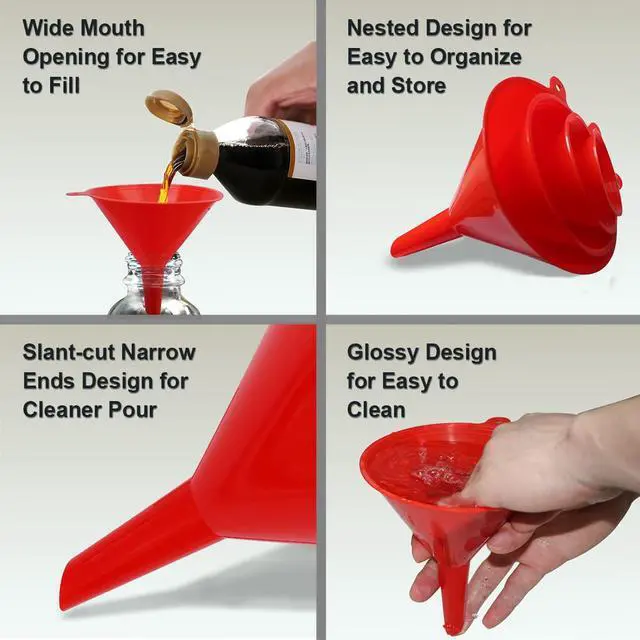 Alt view image 4 of 5 - KongNai 4 Pieces Plastic Funnel Set for Kitchen and Automotive Use, Mini, Small, Medium and Large Funnel for Filling Bottles, Canning, Cooking, Lab or Car Oil Funnels (Red)
