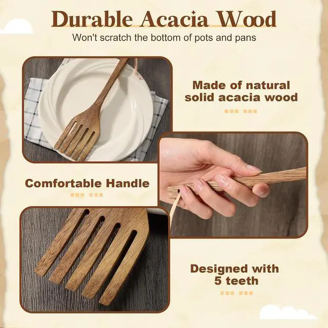 Alt view image 4 of 5 - Baderke 10 Inches Acacia Wooden Forks for Cooking Kitchen Baking Tool Five Tines Long Handle Wood Fork for Home Restaurant Kitchen Salad Pasta Grill Tasting Utensils