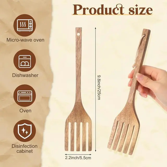 Alt view image 3 of 5 - Baderke 10 Inches Acacia Wooden Forks for Cooking Kitchen Baking Tool Five Tines Long Handle Wood Fork for Home Restaurant Kitchen Salad Pasta Grill Tasting Utensils