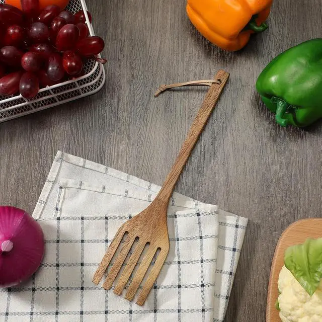 Alt view image 5 of 5 - Baderke 10 Inches Acacia Wooden Forks for Cooking Kitchen Baking Tool Five Tines Long Handle Wood Fork for Home Restaurant Kitchen Salad Pasta Grill Tasting Utensils