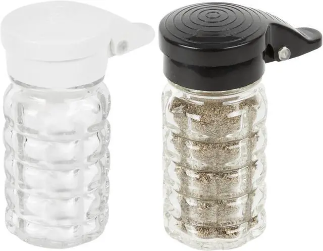 Main image of Tablecraft Moisture Proof Salt & Pepper Shakers - 1.5 Oz - Glass w/Black & White Lids Spring Loaded, No Clog, Set of 2