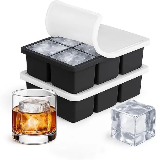 Main image of Large Silicone Ice Cube Trays 2 Pack 2 Inch Square Ice Molds with Removable Lid Easy Release BPA Free Big Ice Cube Tray for Whiskey Cocktail Old Fashioned Freezer Safe Stackable Design (Black)