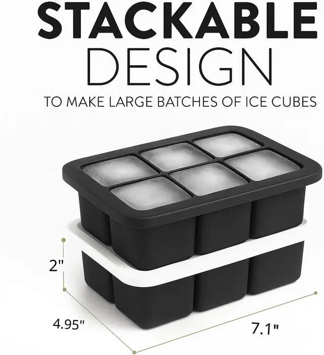 Alt view image 2 of 7 - Large Silicone Ice Cube Trays 2 Pack 2 Inch Square Ice Molds with Removable Lid Easy Release BPA Free Big Ice Cube Tray for Whiskey Cocktail Old Fashioned Freezer Safe Stackable Design (Black)