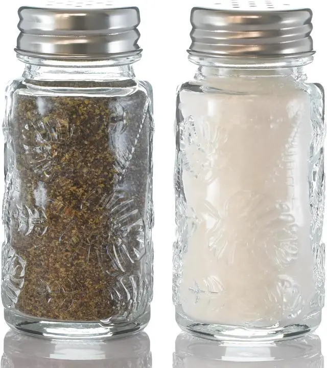 Main image of 2 Pack Glass Salt and Pepper Shakers Set with 304 Stainless Steel Lid, Vintage Spice Shakers for Dining Room Table, Kitchen, Restaurant(Round-Leaf)
