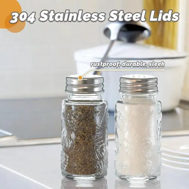 Alt view image 2 of 7 - 2 Pack Glass Salt and Pepper Shakers Set with 304 Stainless Steel Lid, Vintage Spice Shakers for Dining Room Table, Kitchen, Restaurant(Round-Leaf)