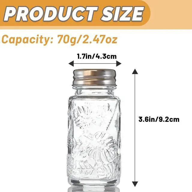 Alt view image 3 of 7 - 2 Pack Glass Salt and Pepper Shakers Set with 304 Stainless Steel Lid, Vintage Spice Shakers for Dining Room Table, Kitchen, Restaurant(Round-Leaf)
