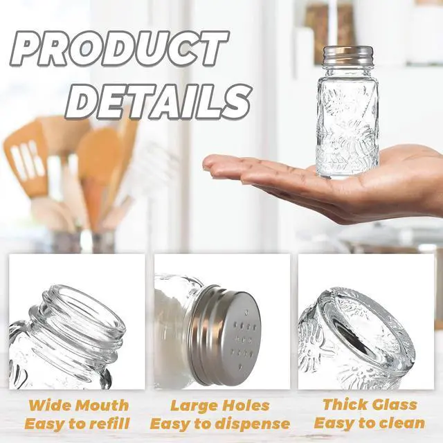 Alt view image 4 of 7 - 2 Pack Glass Salt and Pepper Shakers Set with 304 Stainless Steel Lid, Vintage Spice Shakers for Dining Room Table, Kitchen, Restaurant(Round-Leaf)