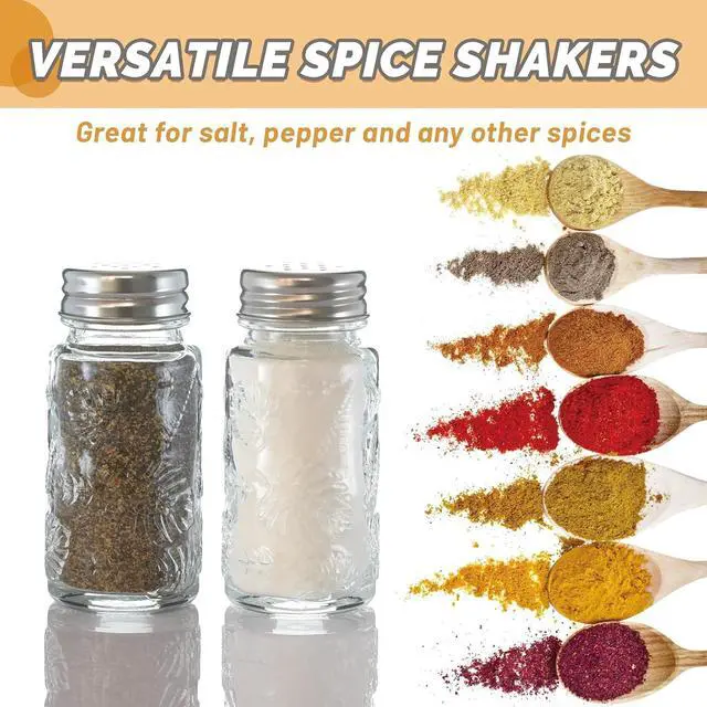 Alt view image 5 of 7 - 2 Pack Glass Salt and Pepper Shakers Set with 304 Stainless Steel Lid, Vintage Spice Shakers for Dining Room Table, Kitchen, Restaurant(Round-Leaf)