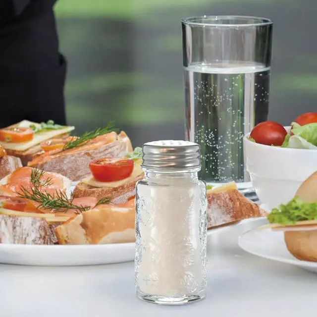 Alt view image 7 of 7 - 2 Pack Glass Salt and Pepper Shakers Set with 304 Stainless Steel Lid, Vintage Spice Shakers for Dining Room Table, Kitchen, Restaurant(Round-Leaf)