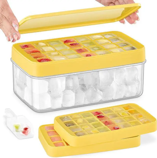Main image of Ice Cube Tray with Lid and Bin, Ice Cube Trays for Freezer with 2 Trays, Easy Release Stackable Square Ice Cube Mold, Ice Tray with Storage Container for Drinks, Whiskey, Coffee, 54 Pcs, Yellow