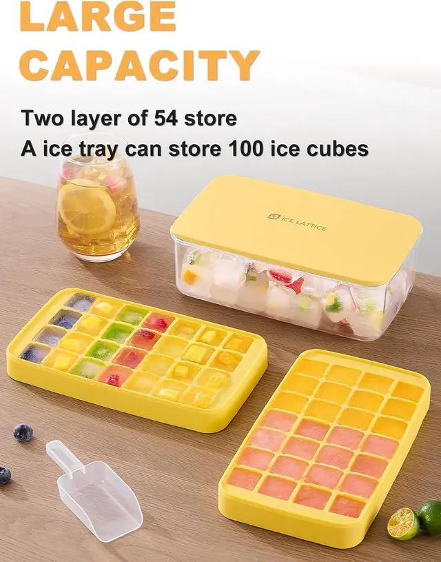 Alt view image 3 of 7 - Ice Cube Tray with Lid and Bin, Ice Cube Trays for Freezer with 2 Trays, Easy Release Stackable Square Ice Cube Mold, Ice Tray with Storage Container for Drinks, Whiskey, Coffee, 54 Pcs, Yellow
