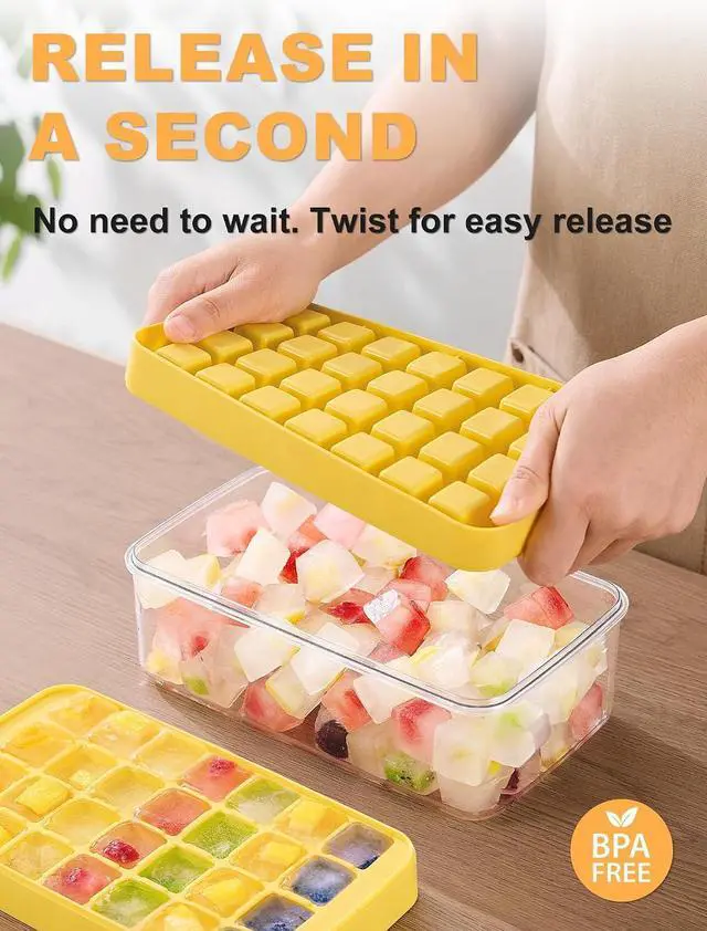 Alt view image 2 of 7 - Ice Cube Tray with Lid and Bin, Ice Cube Trays for Freezer with 2 Trays, Easy Release Stackable Square Ice Cube Mold, Ice Tray with Storage Container for Drinks, Whiskey, Coffee, 54 Pcs, Yellow