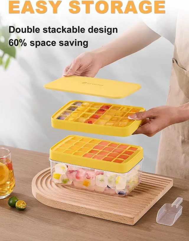 Alt view image 4 of 7 - Ice Cube Tray with Lid and Bin, Ice Cube Trays for Freezer with 2 Trays, Easy Release Stackable Square Ice Cube Mold, Ice Tray with Storage Container for Drinks, Whiskey, Coffee, 54 Pcs, Yellow
