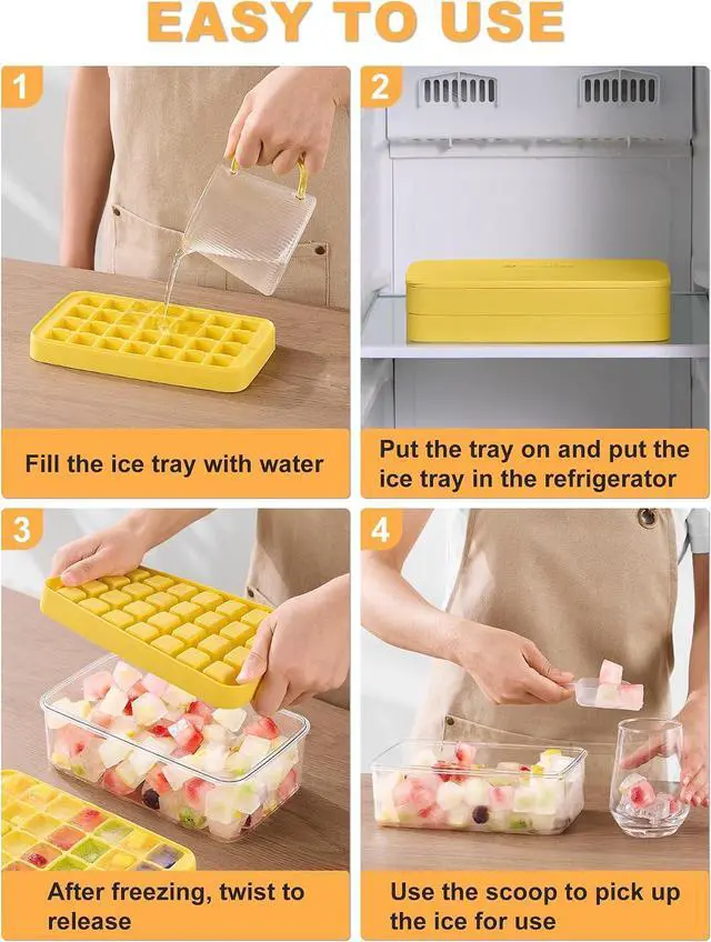 Alt view image 6 of 7 - Ice Cube Tray with Lid and Bin, Ice Cube Trays for Freezer with 2 Trays, Easy Release Stackable Square Ice Cube Mold, Ice Tray with Storage Container for Drinks, Whiskey, Coffee, 54 Pcs, Yellow