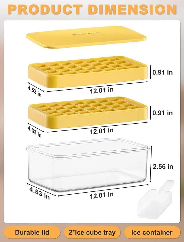 Alt view image 5 of 7 - Ice Cube Tray with Lid and Bin, Ice Cube Trays for Freezer with 2 Trays, Easy Release Stackable Square Ice Cube Mold, Ice Tray with Storage Container for Drinks, Whiskey, Coffee, 54 Pcs, Yellow
