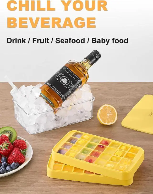 Alt view image 7 of 7 - Ice Cube Tray with Lid and Bin, Ice Cube Trays for Freezer with 2 Trays, Easy Release Stackable Square Ice Cube Mold, Ice Tray with Storage Container for Drinks, Whiskey, Coffee, 54 Pcs, Yellow