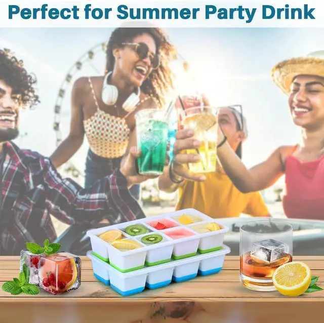 Alt view image 6 of 7 - Large Ice Cube Molds, FURNSII 2 Pack Silicone Large Square Ice Cube Trays with Lids BPA Free, Easy-Release & Stackable 1.8'' Big Ice Cube Tray for Freezer Cocktail Whiskey Coffee