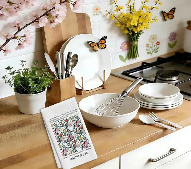 Alt view image 3 of 6 - Christian Floral Kitchen Towels, Vintage Wildflower Hymn Tea Dish Towel, 15