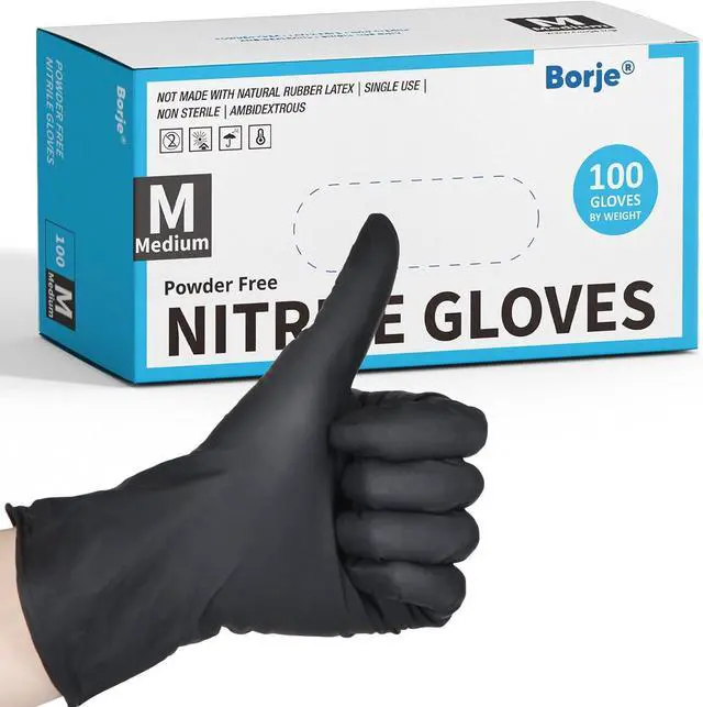 Main image of Borje Nitrile Gloves Medium, 100 Count Disposable Gloves, Black, Latex-Free Powder-Free, Medical Exam, Food Safe, Cleaning, Cooking