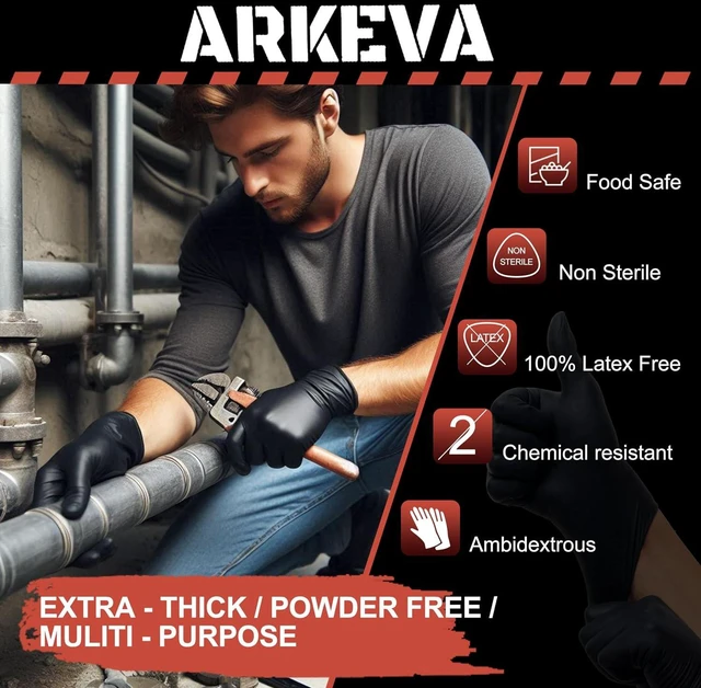 Alt view image 3 of 7 - ARKEVA Black Nitrile Disposable Gloves 6 Mil. Chemical Resistance, Tear-Resistance, Latex & Powder Free