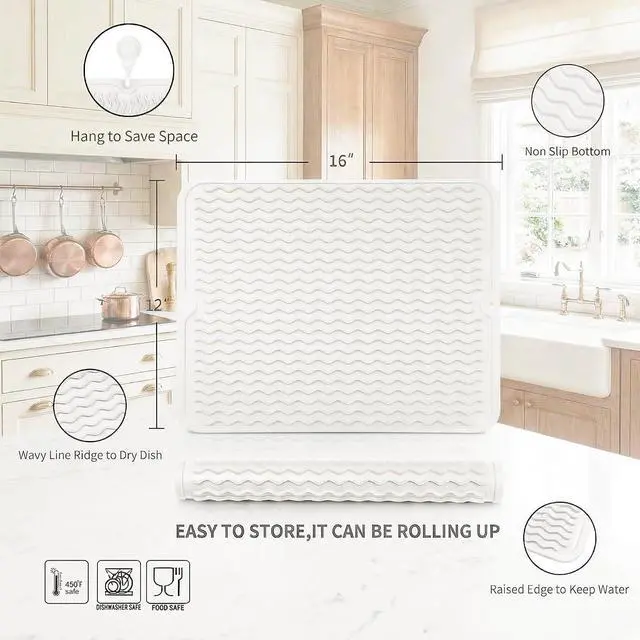 Alt view image 2 of 7 - MicoYang Silicone Dish Drying Mat Quick-Dry Ridges Counter & Sink Pad, Heat-Resistant Trivet to 450°F, Non-Slip & Dishwasher Safe, Roll-Up Storage, 18 Colors & 9 Sizes (White, 16"×12")