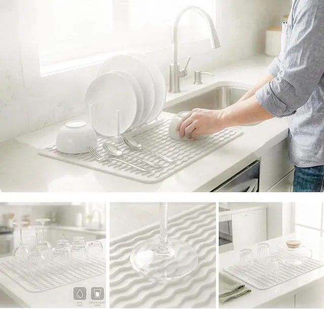 Alt view image 4 of 7 - MicoYang Silicone Dish Drying Mat Quick-Dry Ridges Counter & Sink Pad, Heat-Resistant Trivet to 450°F, Non-Slip & Dishwasher Safe, Roll-Up Storage, 18 Colors & 9 Sizes (White, 16"×12")