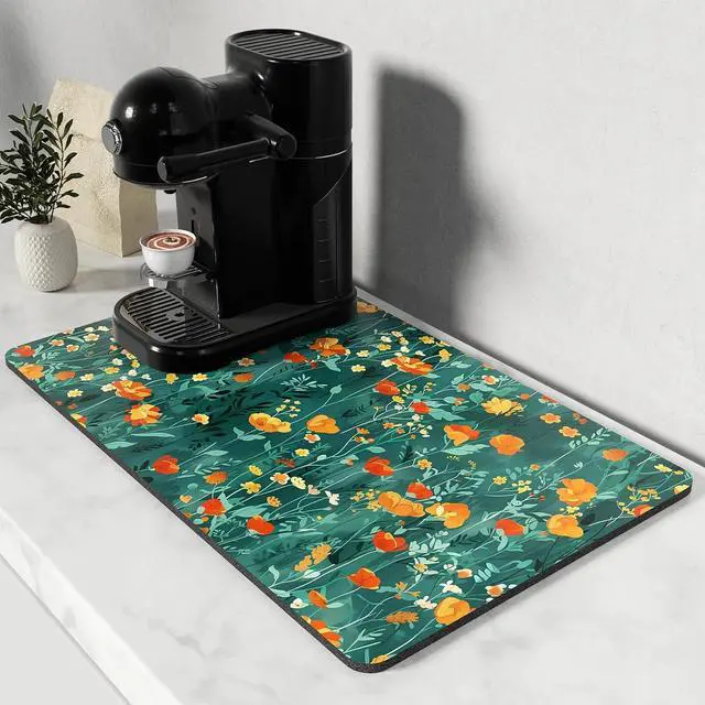 Main image of Rnivvi Coffee Mat, 12" x 19" Cute Coffee Bar Mats for Espresso Machine Station Accessories and Organizer, Hide Stain Rubber Backed Absorbent Dish Drying Pad for Kitchen Counter, Gentle Forest Flowers
